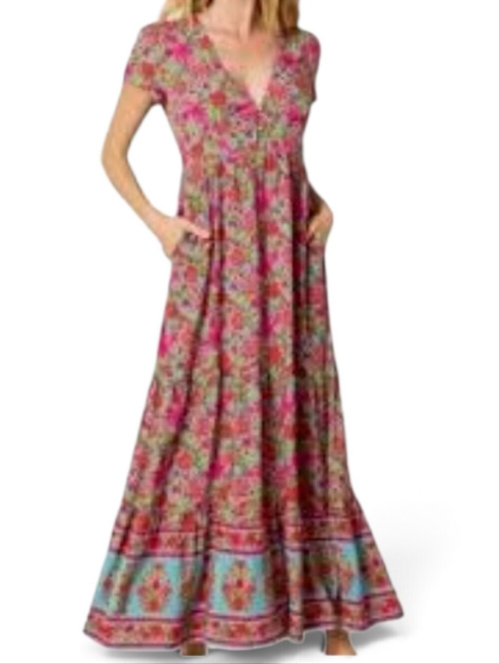 Natural Life Floral Short Sleeve Bohemian Maxi Dress
